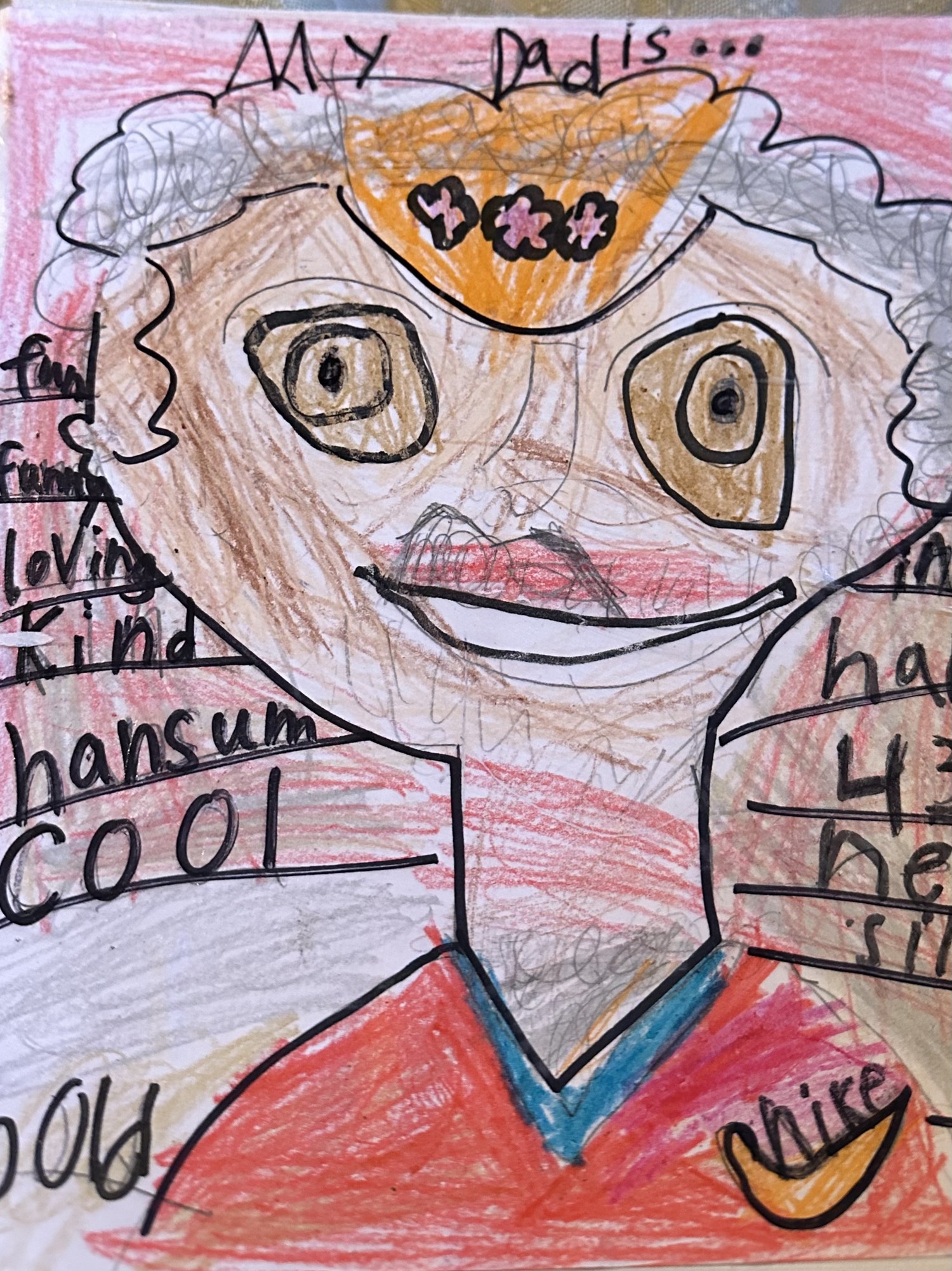A child's crayon-and-marker portrait titled 'My Dad is...' listing funny, loving, kind, hansum, cool, happy, silly, nice — with the word hansum spelled the way a kid hears it.